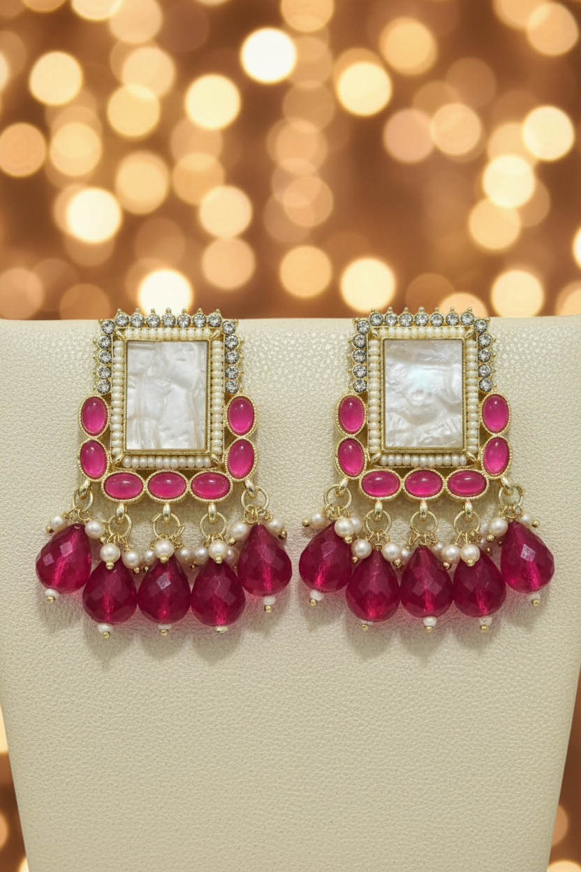 Gold Square Mother-of-Pearl CZ Hot Pink Oval Cabochon Chandelier Earrings - E-commerce Product Image