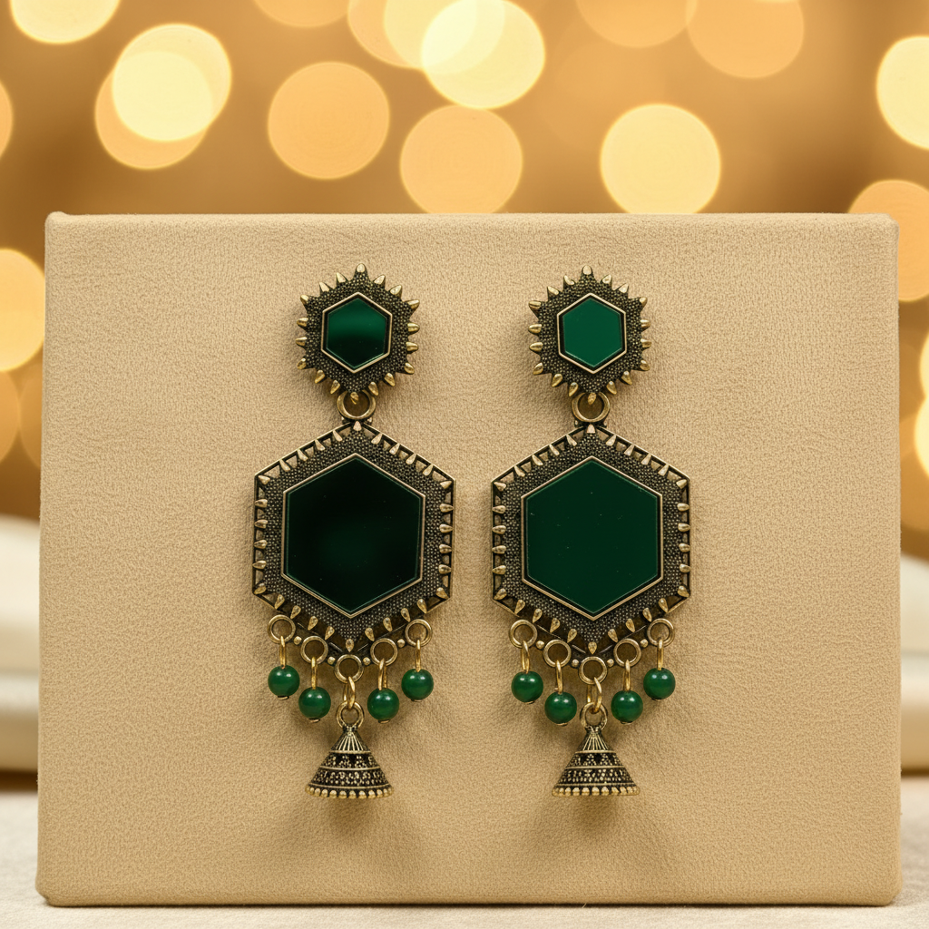 Antique Gold Hexagonal Green Mirror Jhumka Drop Earrings - E-commerce Product Image