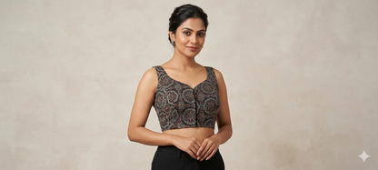 Red Ajrakh Large Mandala Medallion Print Cotton Sleeveless Crop Blouse with Plain Red V-Yoke & Front Hooks