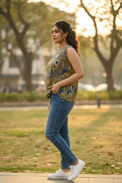 Olive Khaki Cobalt Blue Batik Top - Side View with Jeans