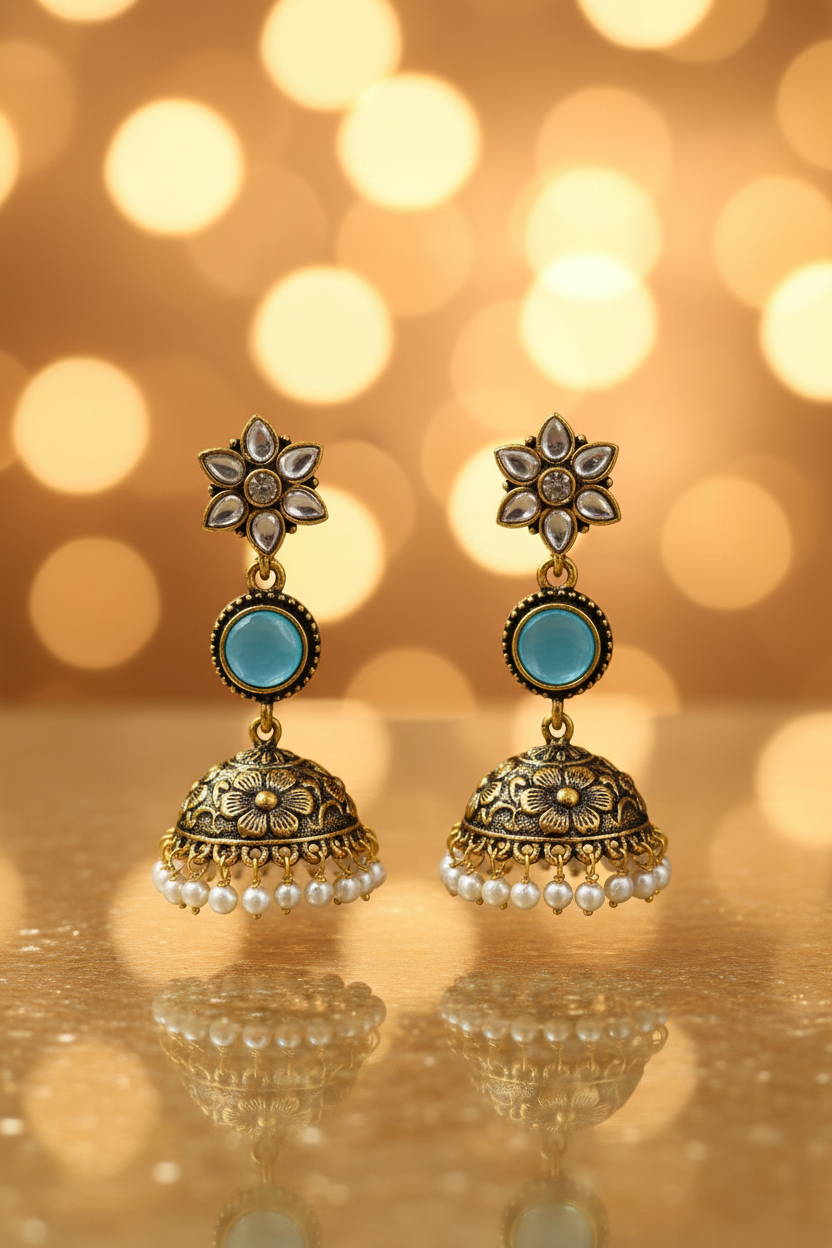 Antique Gold Kundan Flower Stud Sky Blue Cabochon Jhumka Earrings - E-commerce Product Image