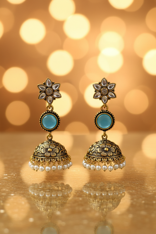 Antique Gold Kundan Flower Stud Sky Blue Cabochon Jhumka Earrings - E-commerce Product Image