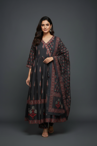 Dark Slate Grey Mughal Mango Paisley Angrakha Anarkali, Printed Pants & Matching Dupatta Set - Front View