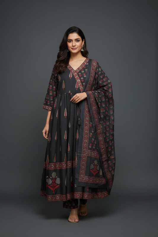 Dark Slate Grey Mughal Mango Paisley Angrakha Anarkali, Printed Pants & Matching Dupatta Set - Front View