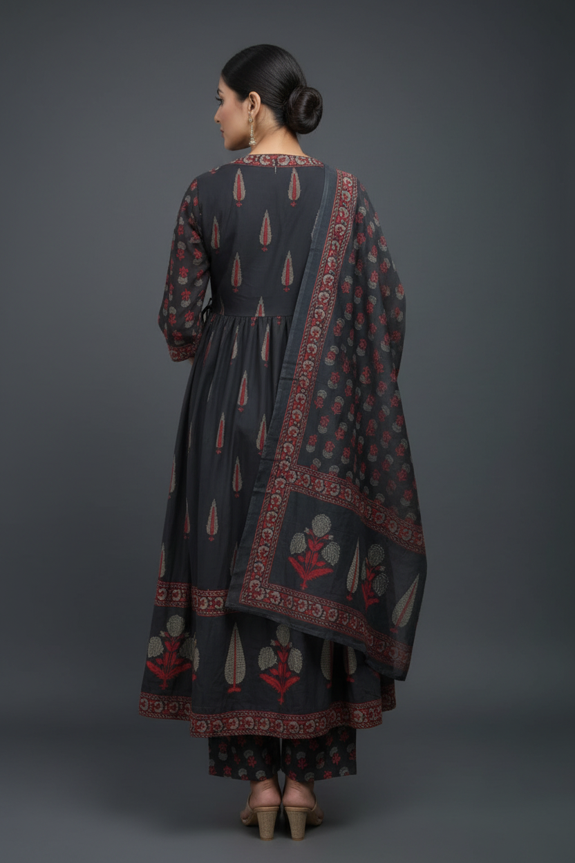 Dark Slate Grey Mughal Mango Paisley Angrakha Anarkali, Printed Pants & Matching Dupatta Set - Back View