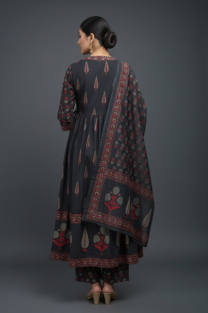 Dark Slate Grey Mughal Mango Paisley Angrakha Anarkali, Printed Pants & Matching Dupatta Set - Back View