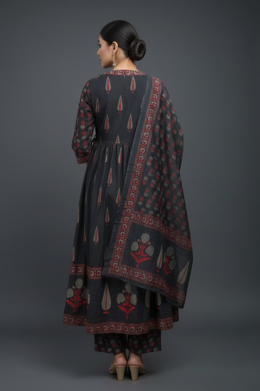Dark Slate Grey Mughal Mango Paisley Angrakha Anarkali, Printed Pants & Matching Dupatta Set - Back View