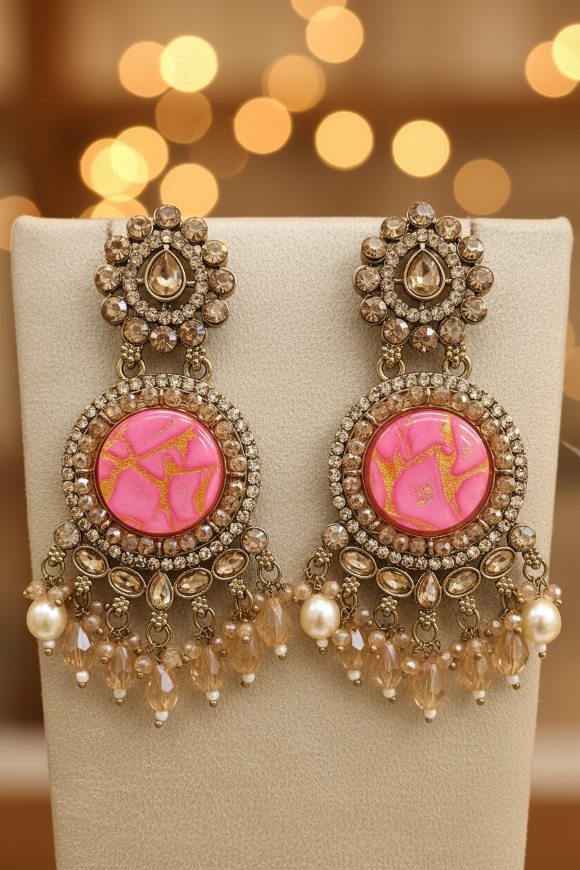 Antique Gold Champagne CZ Sunflower Stud Pink Marble Resin Halo Chandelier Earrings - E-commerce Product Image