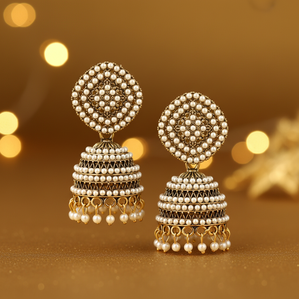 Antique Gold Three-Tier Pearl Jhumka Earrings - E-commerce Product Image