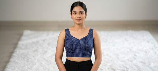 Navy Blue White Polka Dot Silk Sleeveless Crop Blouse with Sweetheart Neckline, Ruffled Straps & Self-Fabric Bow Back