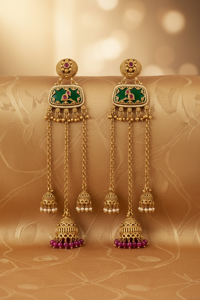 Antique Gold Multi-Jhumka Cascade Earrings - E-commerce Product Image