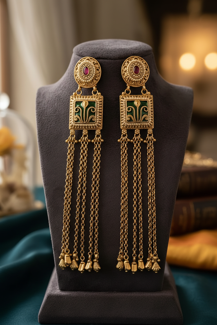 Antique Gold Long Chain Tassel Earrings - E-commerce Product Image