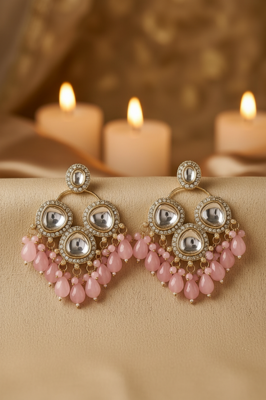 Gold Kundan Polki Chand Bali Earrings with Blush Pink Crystal Bead Drops - E-commerce Product Image