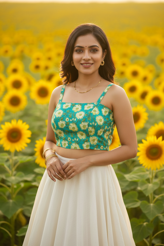 Teal Turquoise Large Sunflower Daisy Print Cotton Sleeveless Crop Blouse Wide Square Neckline Thin Spaghetti Straps - Front View on Indian Model