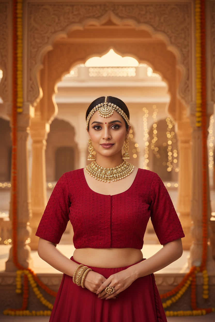 Deep Crimson Red Cotton Hakoba Blouse Wide Round Neckline Short Straight Sleeves Front Hooks - Front View on Indian Model