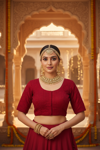 Deep Crimson Red Cotton Hakoba Blouse Wide Round Neckline Short Straight Sleeves Front Hooks - Front View on Indian Model