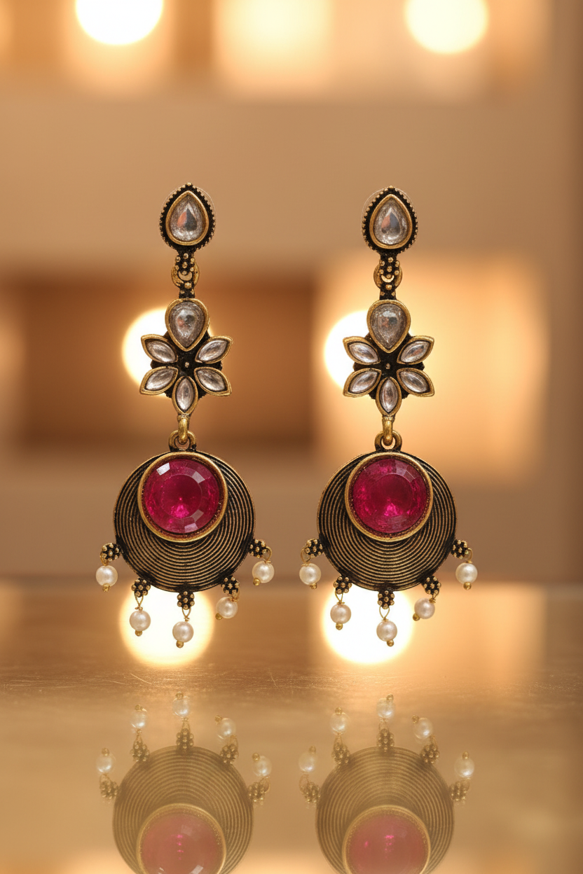 Antique Gold Polki Stud Kundan Flower Crescent Drop Earrings - E-commerce Product Image