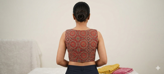 Red Ajrakh Large Mandala Medallion Print Cotton Sleeveless Crop Blouse with Plain Red V-Yoke & Front Hooks