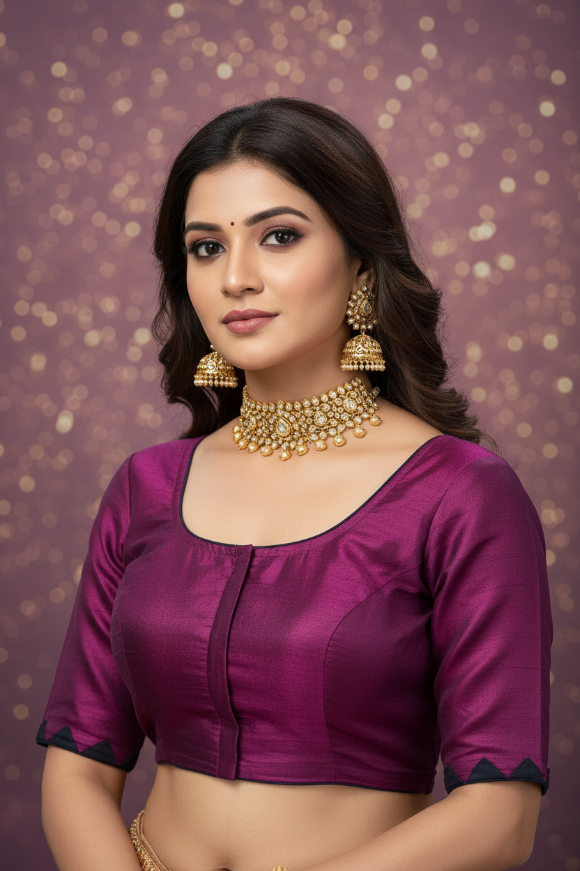 Purple Magenta Dupion Silk Blouse - Front View with Model