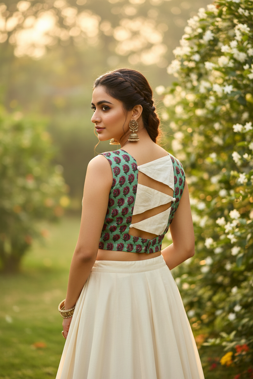 Mint Sage Green Rose Pomegranate Block Print Cotton Sleeveless Crop Blouse Dramatic Geometric Cross-Back X Design White Diagonal Bands Snap Closures - Back View on Indian Model