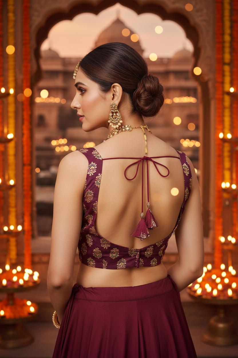 Deep Wine Plum Banarasi Butti Print Silk Sleeveless Crop Blouse Dramatic Deep Open Back Wine Cord Tie Bow Tassels - Back View on Indian Model