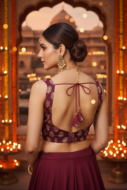 Deep Wine Plum Banarasi Butti Print Silk Sleeveless Crop Blouse Dramatic Deep Open Back Wine Cord Tie Bow Tassels - Back View on Indian Model