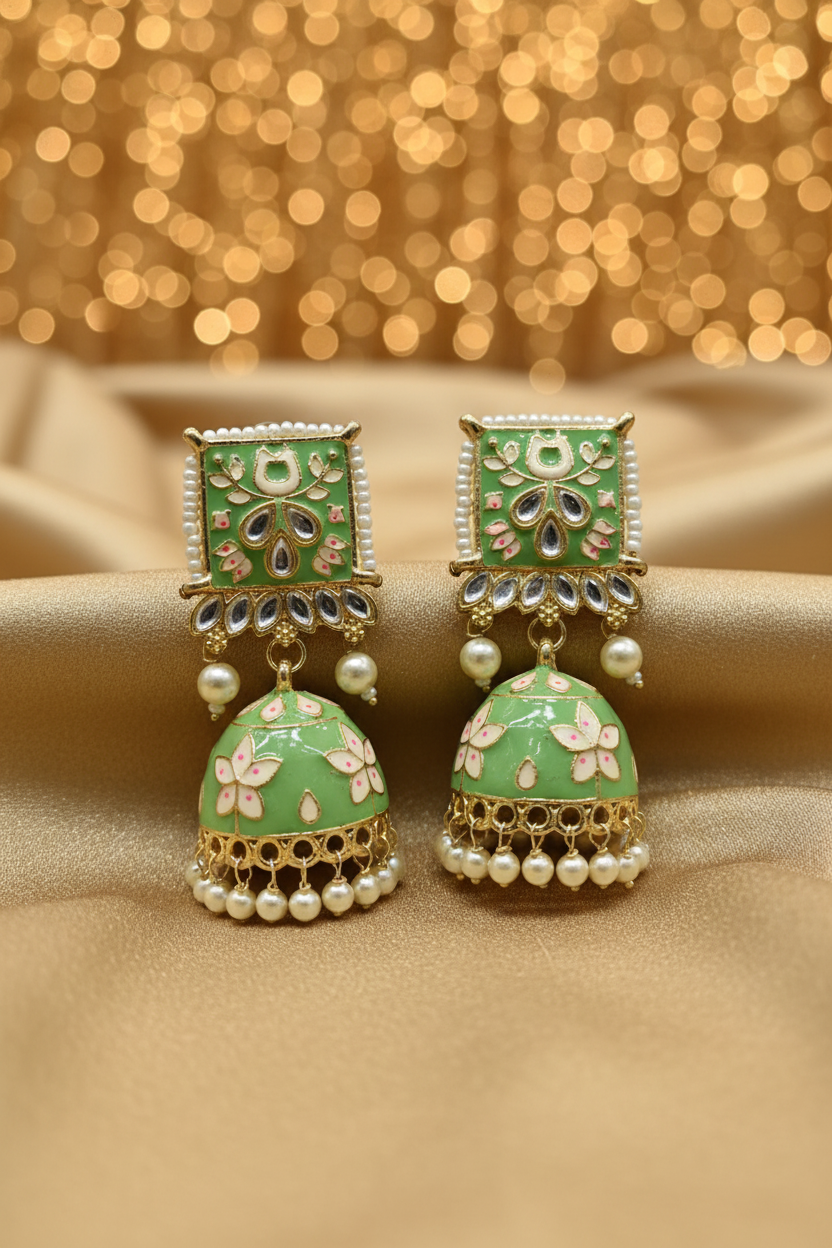 Mint Green Meenakari Square Stud Kundan Jhumka Earrings - E-commerce Product Image