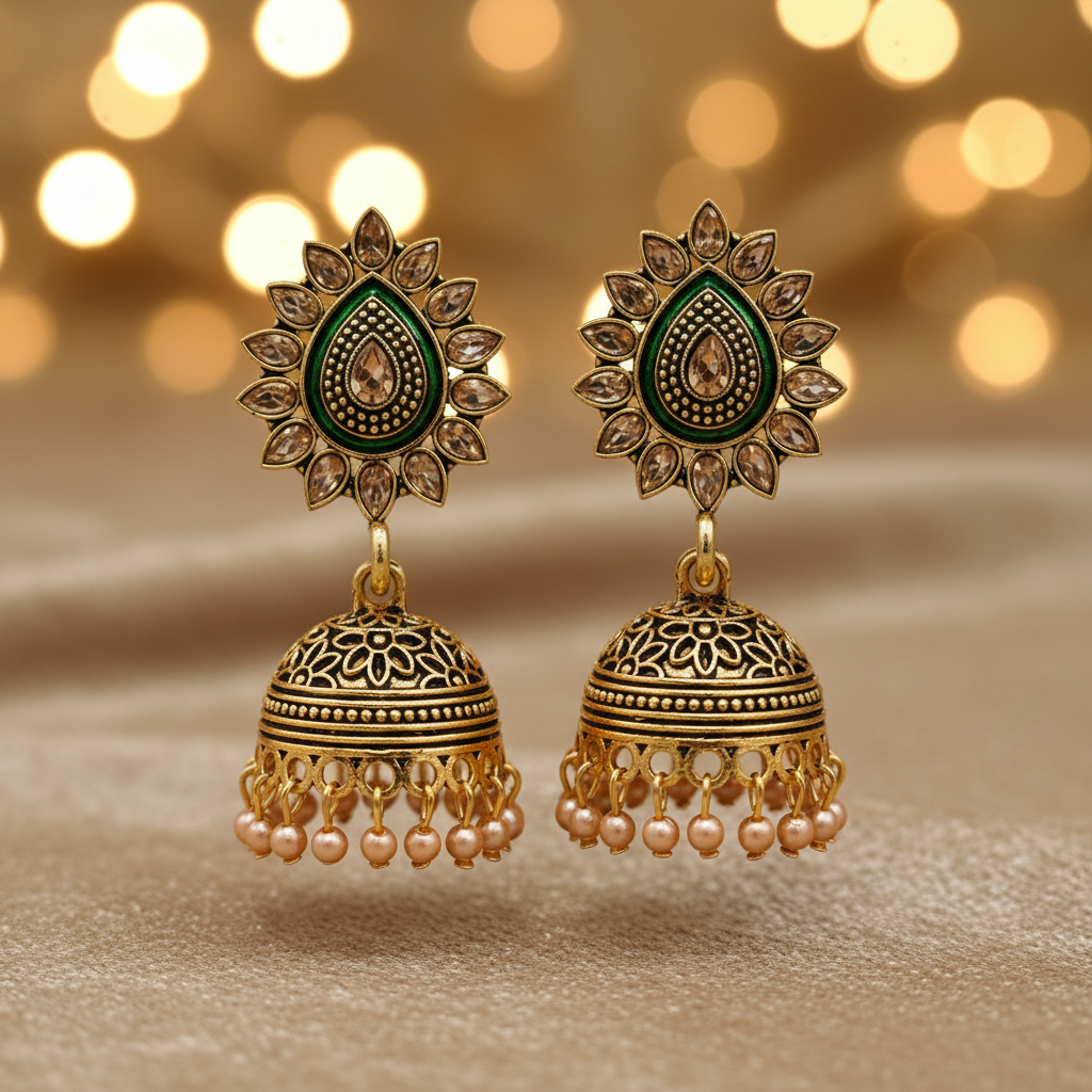 Antique Gold Kundan Teardrop Green Enamel Jhumka Earrings - E-commerce Product Image