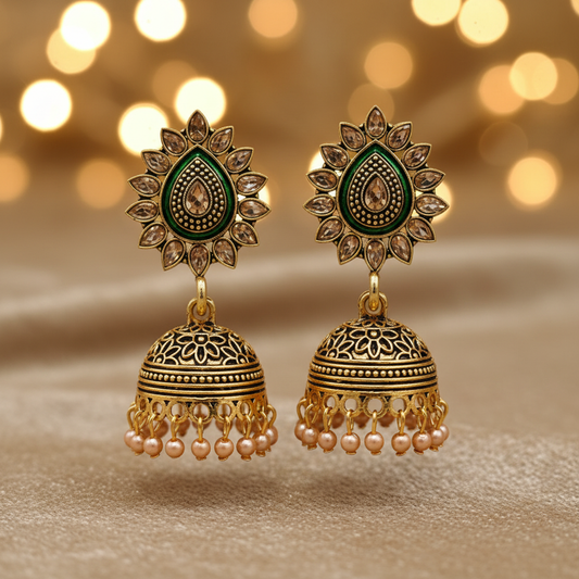 Antique Gold Kundan Teardrop Green Enamel Jhumka Earrings - E-commerce Product Image