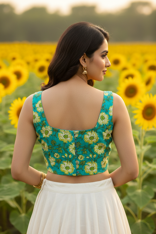 Teal Turquoise Large Sunflower Daisy Print Cotton Sleeveless Crop Blouse Wide Square Back Neckline Back Hooks - Back View on Indian Model