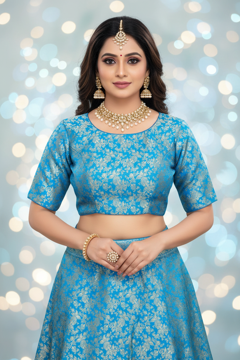 Sky Blue Brocade Silk Blouse - Front View with Model
