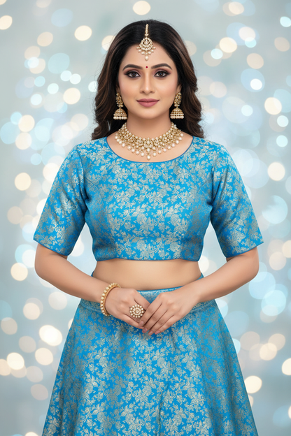Sky Blue Brocade Silk Blouse - Front View with Model