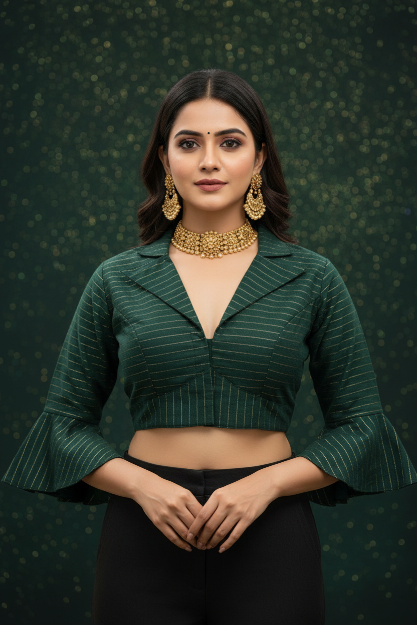 Dark Green Gold Stripe Bell Sleeve Blouse - Front View with Model