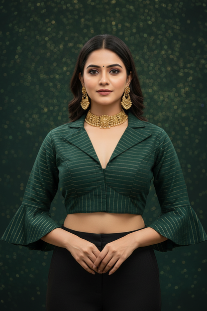 Dark Green Gold Stripe Bell Sleeve Blouse - Front View with Model