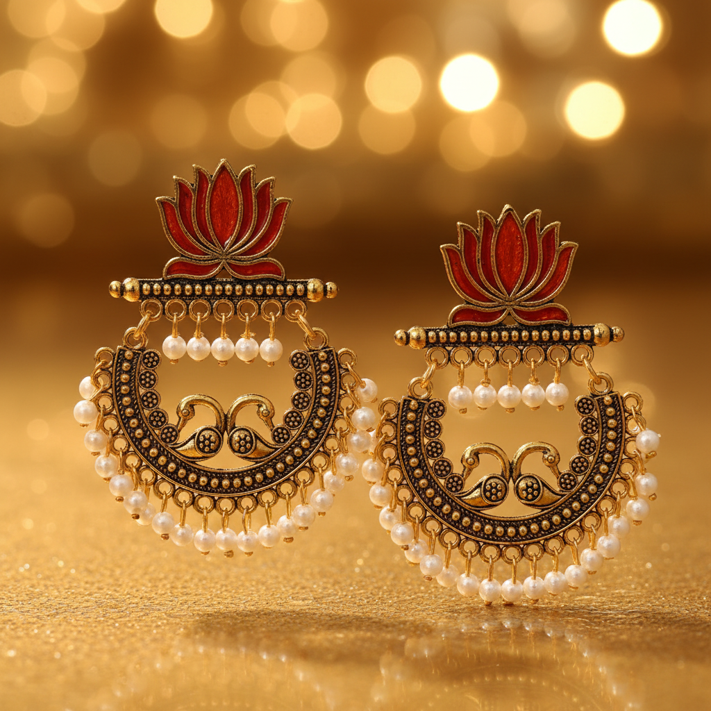 Red Enamel Lotus Stud Antique Gold Crescent Chandelier Earrings - E-commerce Product Image