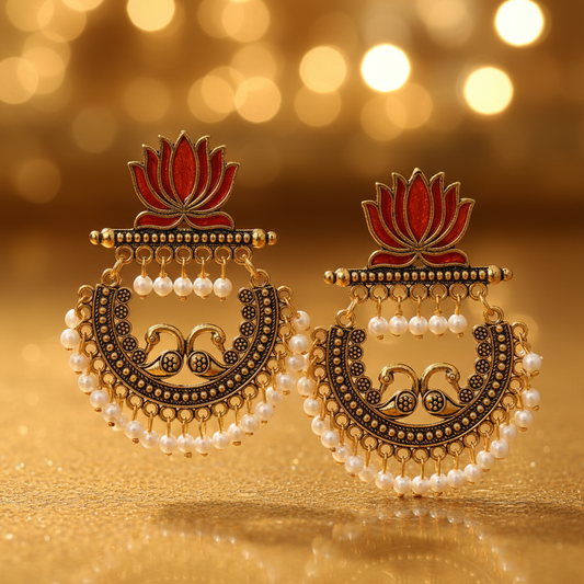 Red Enamel Lotus Stud Antique Gold Crescent Chandelier Earrings - E-commerce Product Image