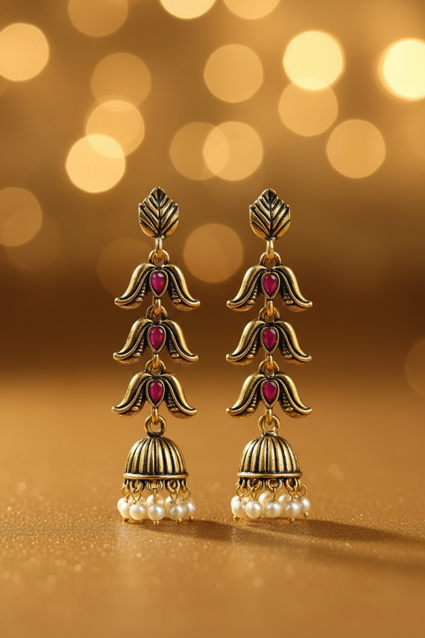 Antique Gold Triple-Tier Tulip Flower Drop Earrings - E-commerce Product Image