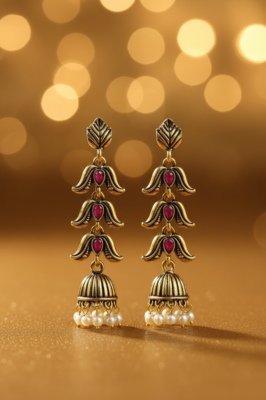 Antique Gold Triple-Tier Tulip Flower Drop Earrings - E-commerce Product Image