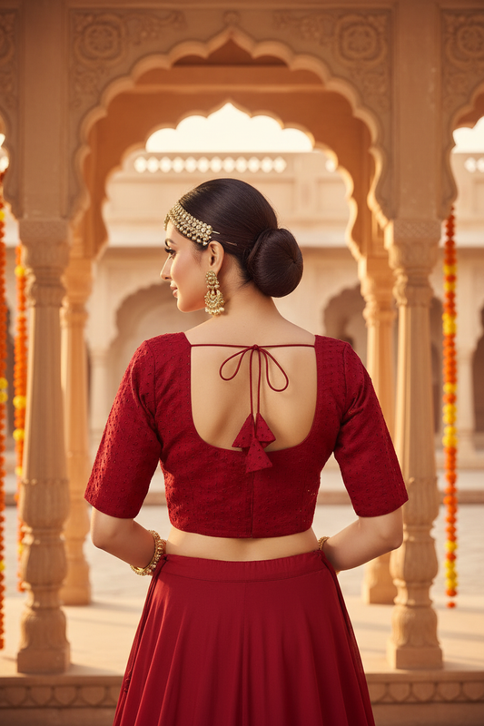 Deep Crimson Red Cotton Hakoba Blouse Wide U-Scoop Back Neckline Dark Red Cord Tie Knot Clean Back - Back View on Indian Model