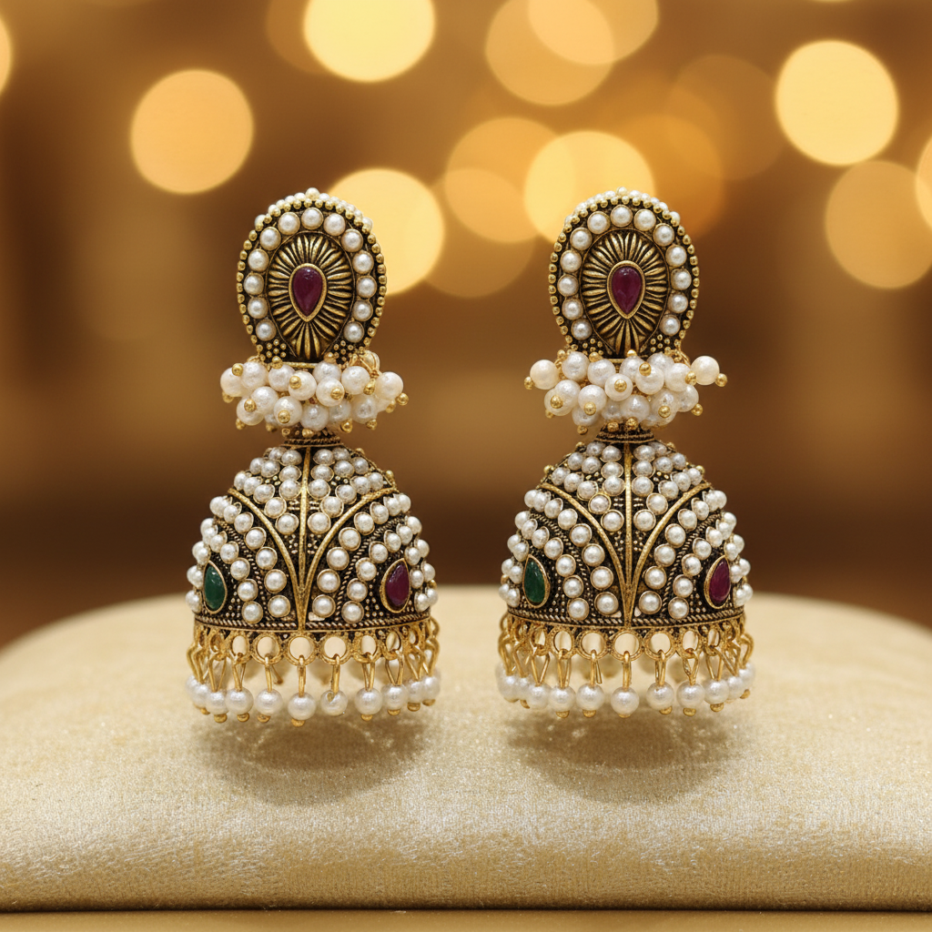 Antique Gold Pearl Encrusted Jhumka Earrings - E-commerce Product Image