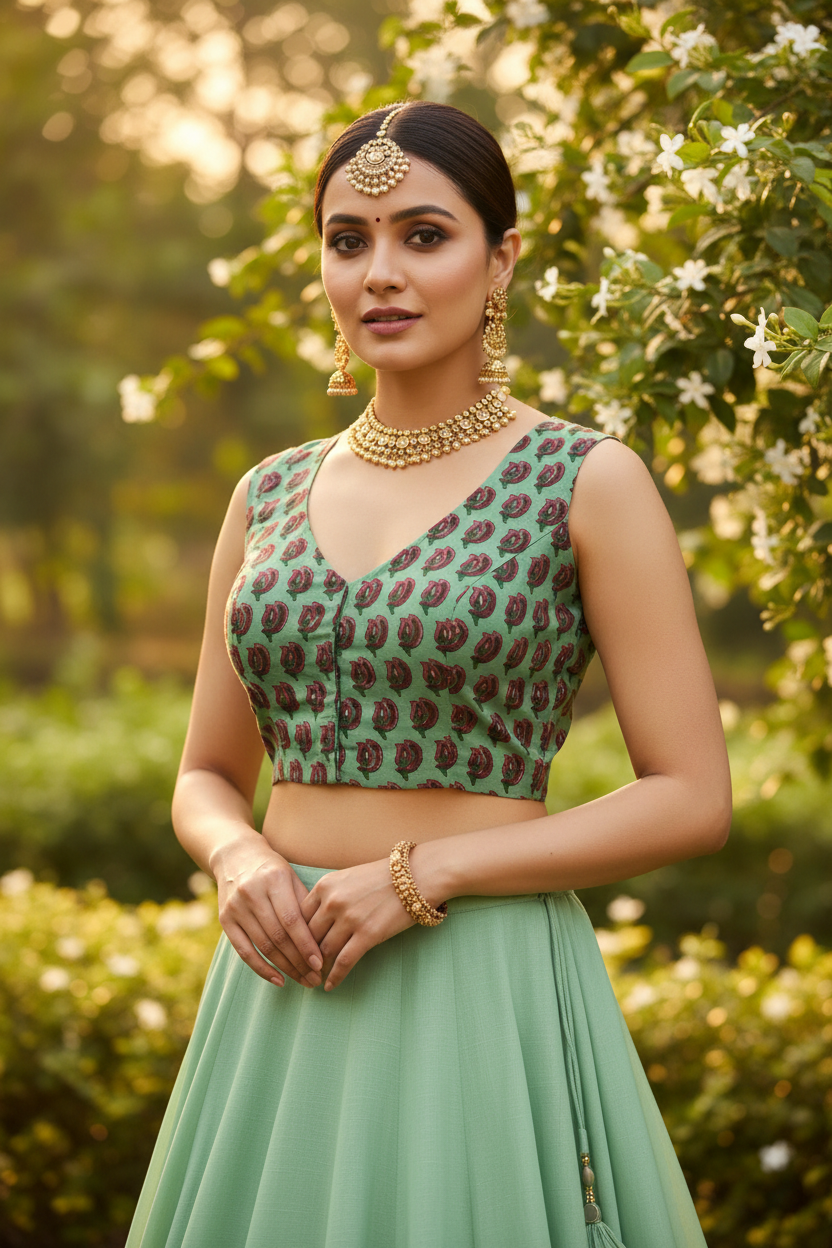 Mint Sage Green Rose Pomegranate Block Print Cotton Sleeveless Crop Blouse Deep V-Neckline Front Hooks Wide Straps - Front View on Indian Model