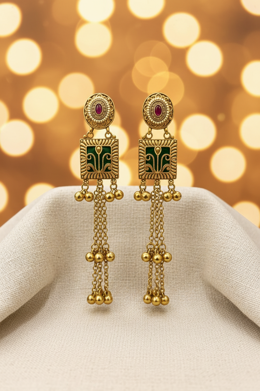 Antique Gold Long Tassel Earrings - E-commerce Product Image