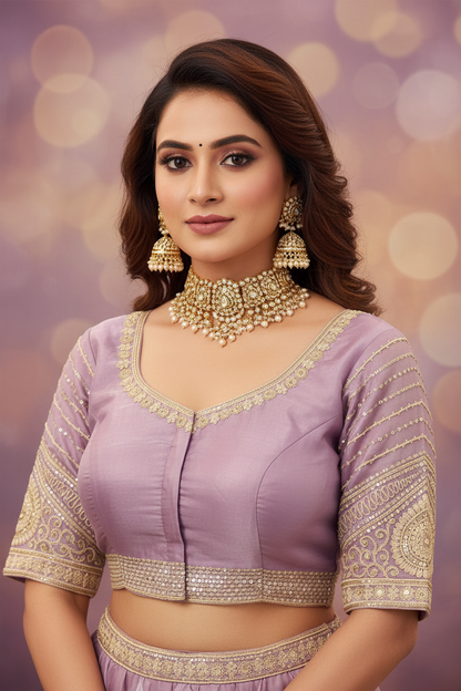 Deep Maroon Organza Readymade Blouse – Half Sleeves with Zardozi Embroidery, Front Hooks & Back Bow Knot