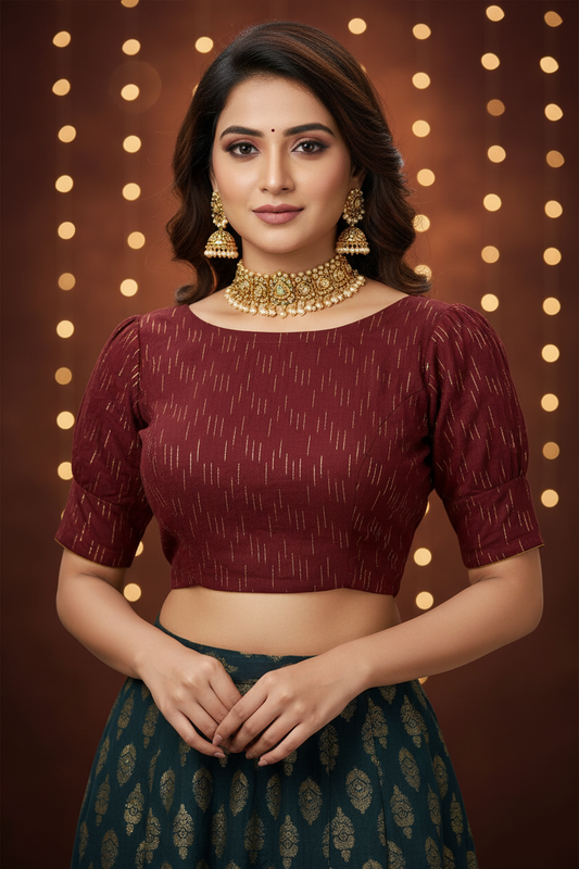 Brown Gold Dash Print Readymade Blouse – Puff Crop Sleeves & Geometric Heart Back Cutout