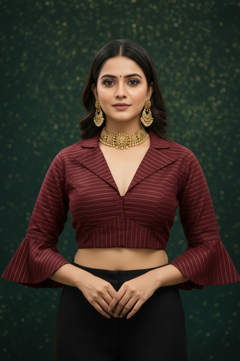 Dark Green Gold Stripe Readymade Blouse – 3/4 Bell Sleeves, Collar Neck & Heart Back Cutout