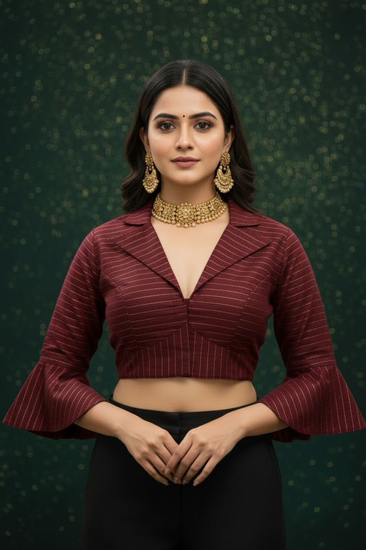Dark Green Gold Stripe Readymade Blouse – 3/4 Bell Sleeves, Collar Neck & Heart Back Cutout