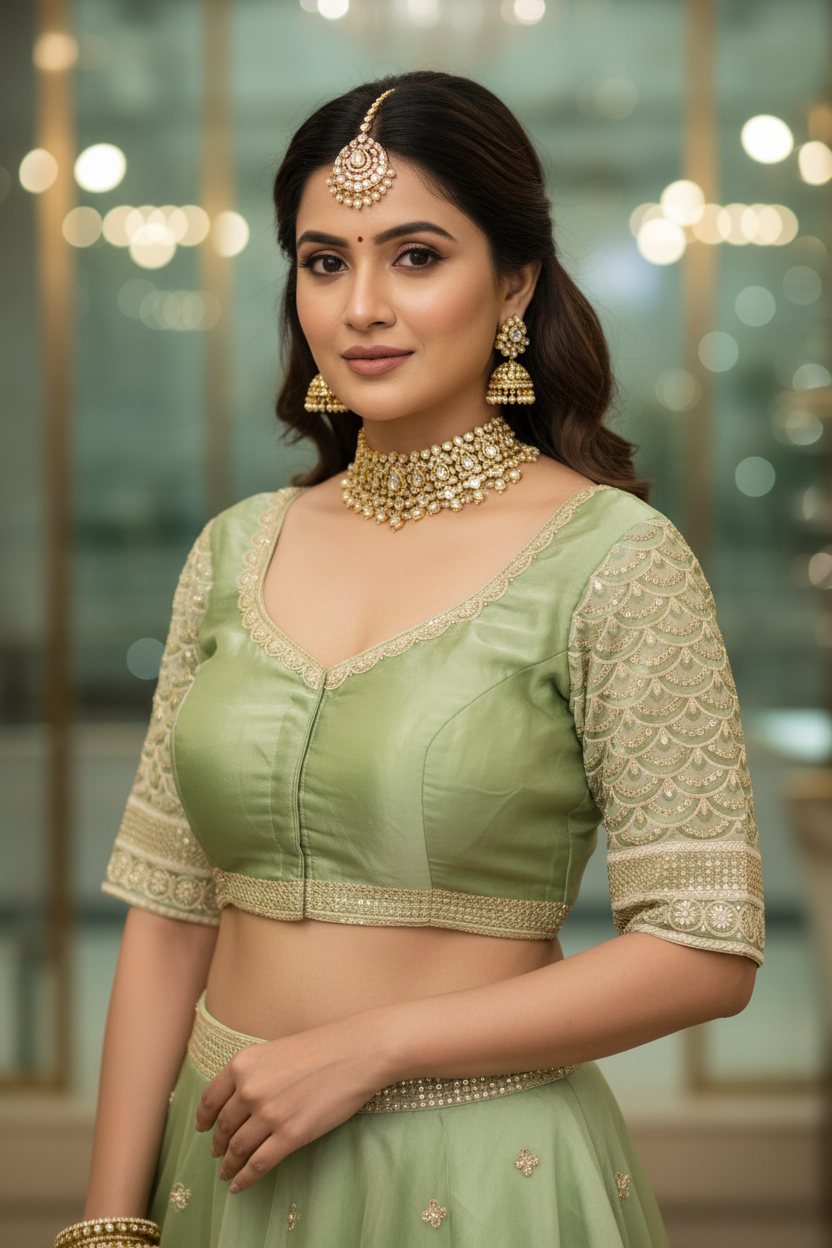 Mint Green Organza Readymade Blouse – Half Sleeves with Zardozi Embroidery & Back Bow Knot