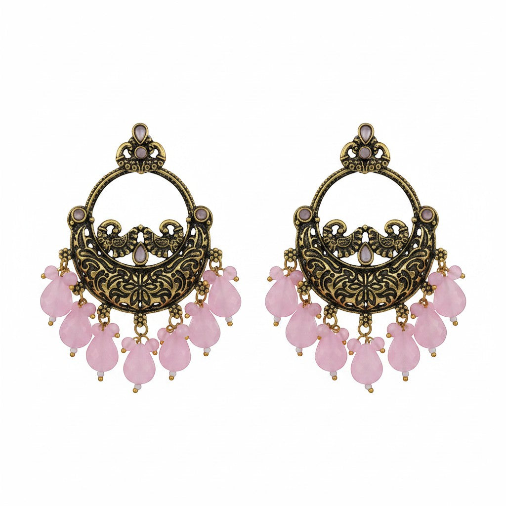 Naanu antique gold chandbali earrings with pink jade drops and turquoise accents. Intricate peacock and floral engraving.