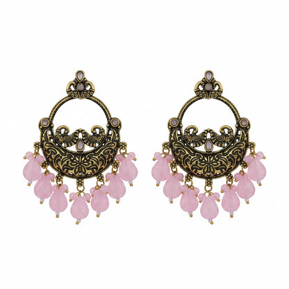 Naanu antique gold chandbali earrings with pink jade drops and turquoise accents. Intricate peacock and floral engraving.