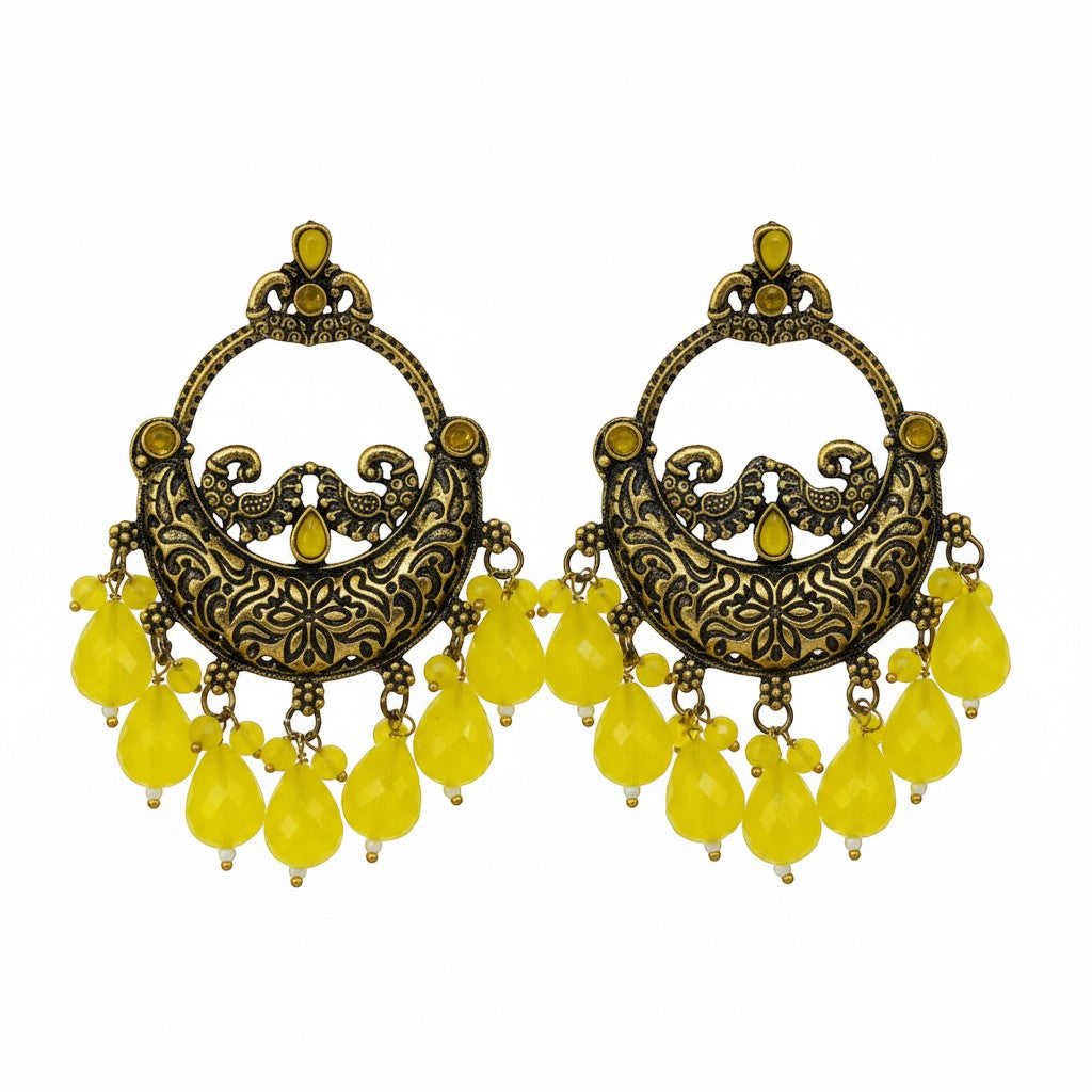 Naanu antique gold chandbali earrings with intricate peacock motifs, turquoise stones and lime green jade drops.
